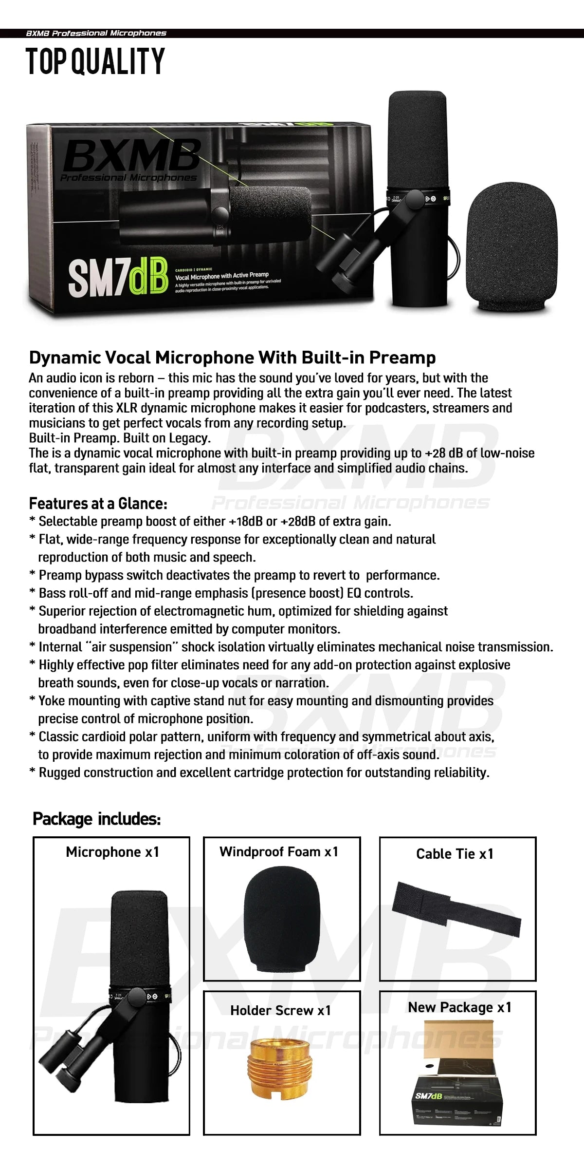 Newest! Top Quality SM7DB Dynamic Vocals SM7B Microphone With Built-in Preamp ﻿For Podcasting Studio Recording Gaming Broadcast