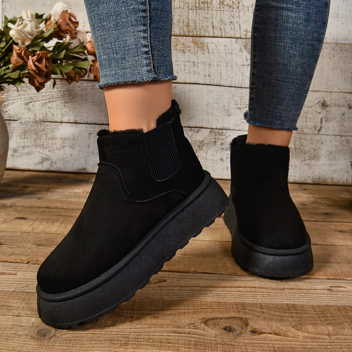 2024 Winter Women Short Plush Warm Snow Boots Casual Shoes  New Suede Fur Chelsea Ankle Boots Flats Platform Ladies Shoes Botas