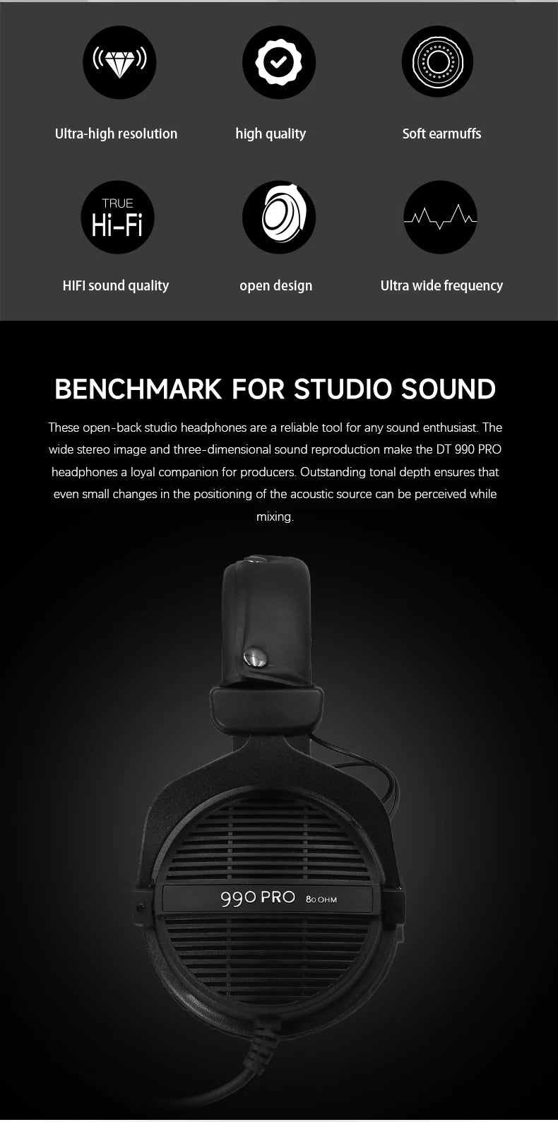 DT990PRO Black Limited Edition Open HIFI Headphones for Microphones Enhanced Sound Quality