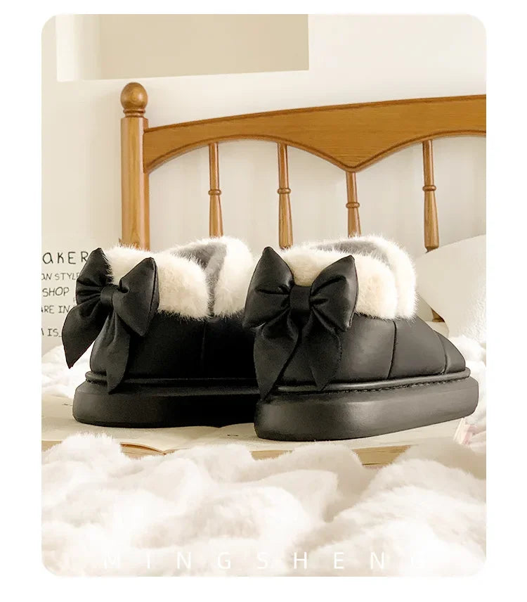 Cute Warm Ankle Boots Winter Women's Bow Warmth Plush Bow Cotton Shoes 2024 New Waterproof Down Cloth Short Barrel Snow Boots